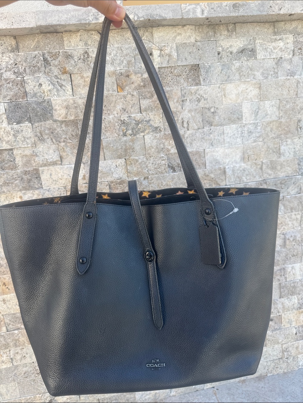 Coach Market Tote Black Pebbled Leather Tote with Star-Print Lining